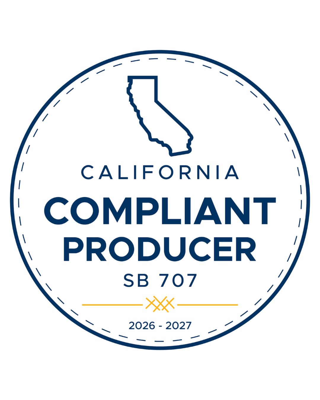 A circular badge-style graphic with a California outline and the text 'CALIFORNIA COMPLIANT PRODUCER SB 707' plus '2026 - 2027' on a white background.